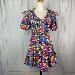 Sugarlips -‎ Santa Elena Leones Smocked Mini Dress - Modern Bold Floral - Small